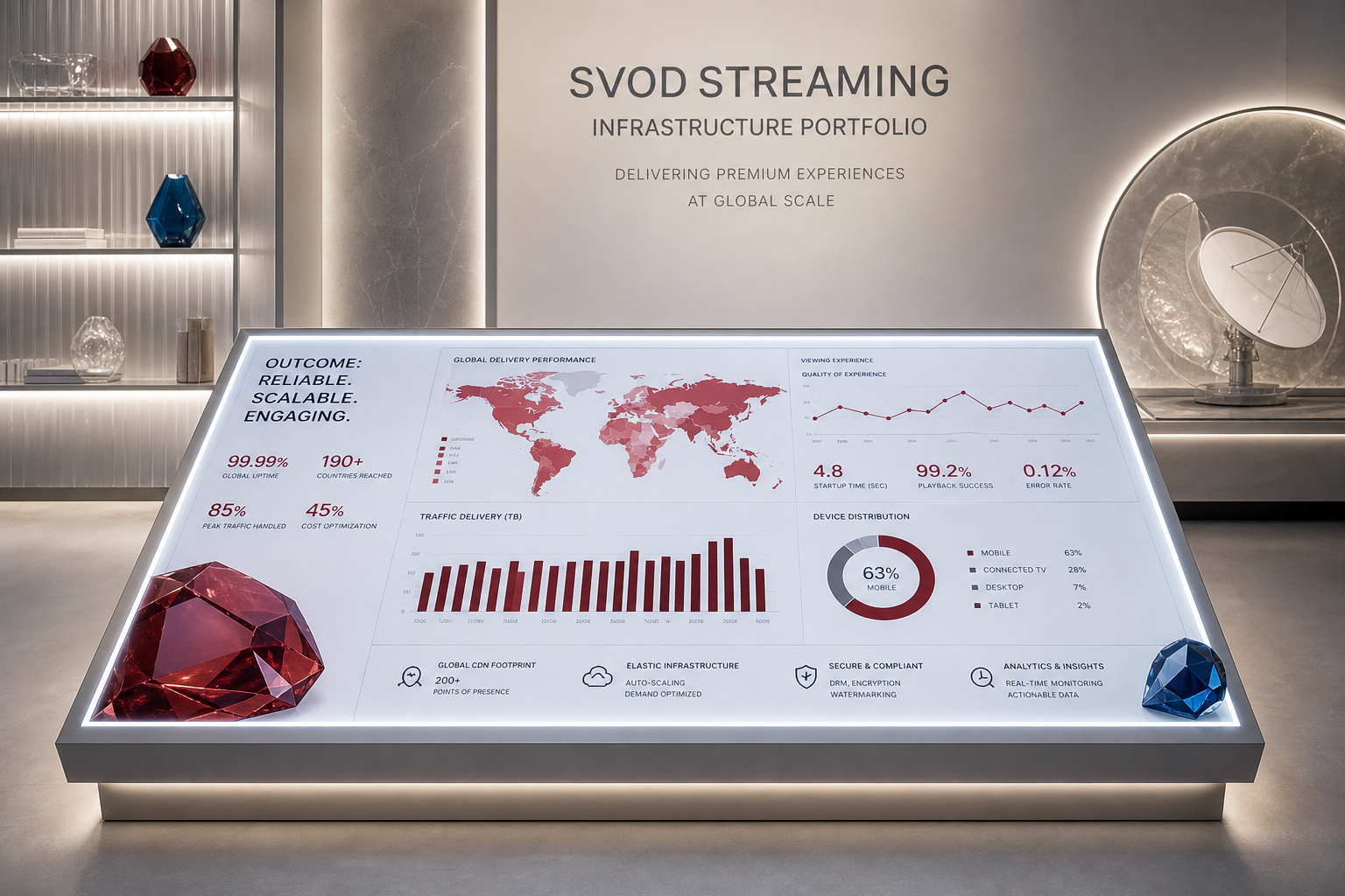 SVOD streaming infrastructure platform outcome with illuminated panel dashboard
