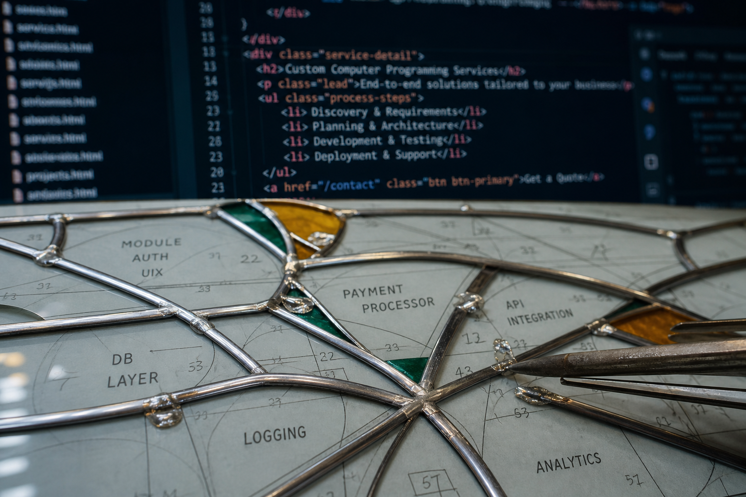 Lead-line composition detail with pane labels and e-commerce development process marks