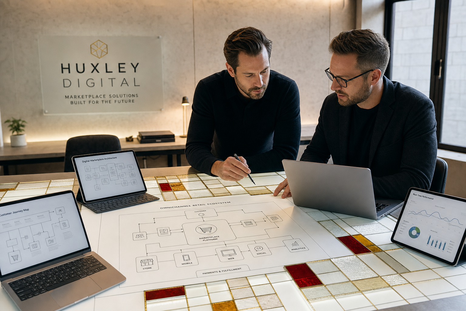 Digital marketplace solutions composition desk with omnichannel retail diagrams