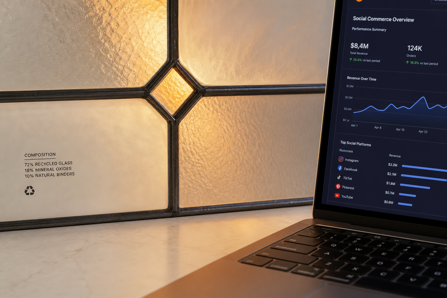 Studio composition note with frosted glass pane and social commerce analytics detail