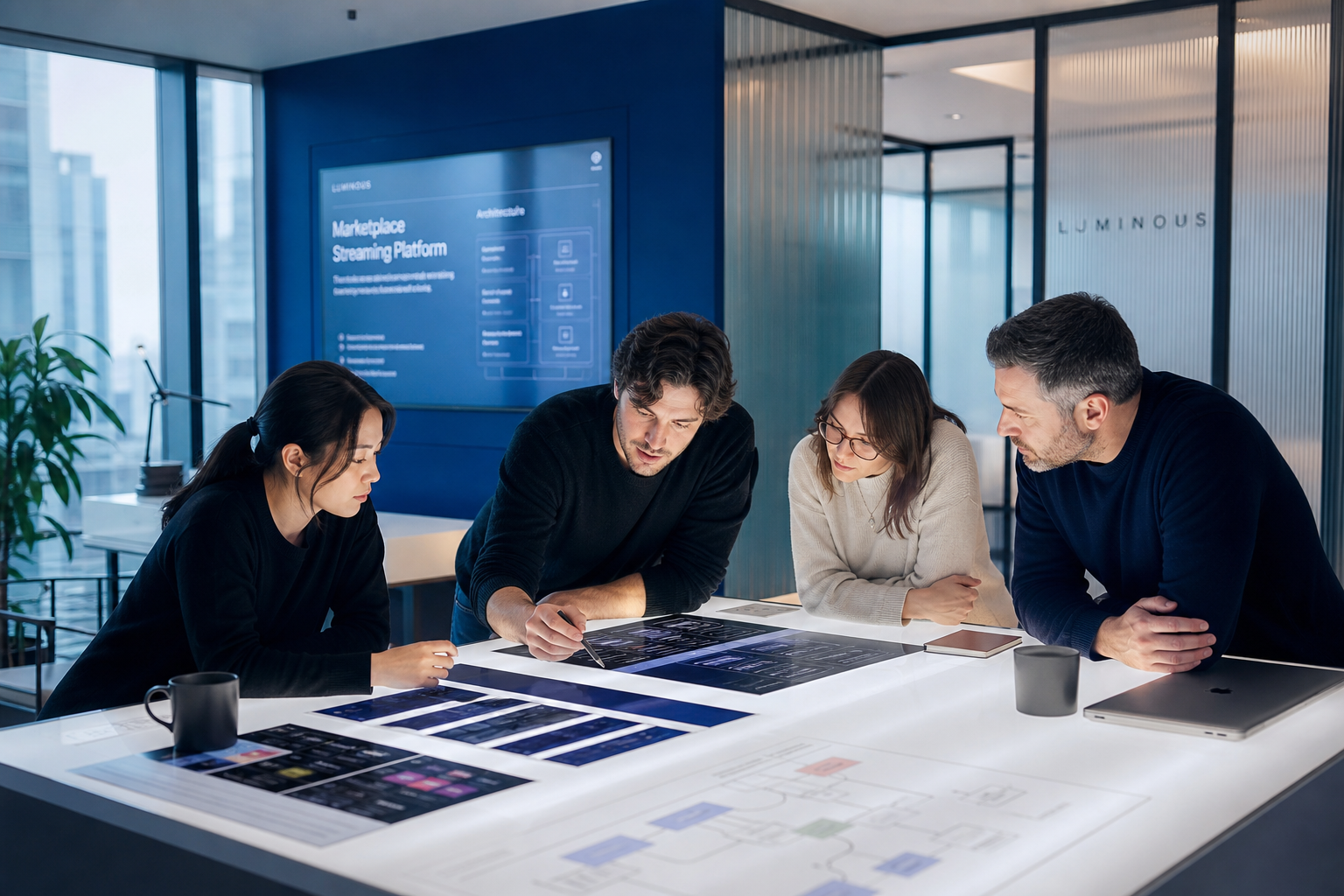 NEXLIFY team collaborating at composition light table in London studio